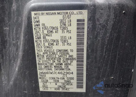 2007 Nissan Frontier Se from USA, damaged, VIN 1N6AD07W57C462904